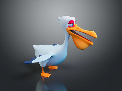 Cartoon Pelican With White Body Blue Wings Large Yellow Beak Orange Feet And Red Eyes 3d model
