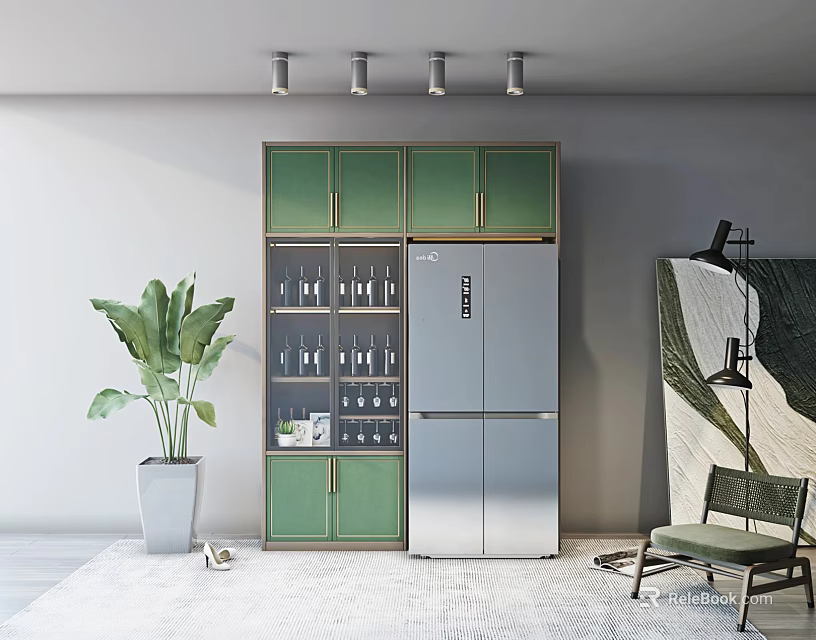 Stylish Wine Cabinet With Green Glass Doors And Wine Bottles In Modern Interior 3d model 