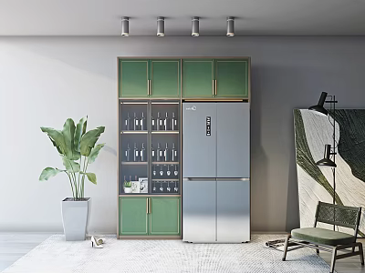 Stylish Wine Cabinet With Green Glass Doors And Wine Bottles In Modern Interior 3d model