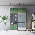 Stylish Wine Cabinet With Green Glass Doors And Wine Bottles In Modern Interior