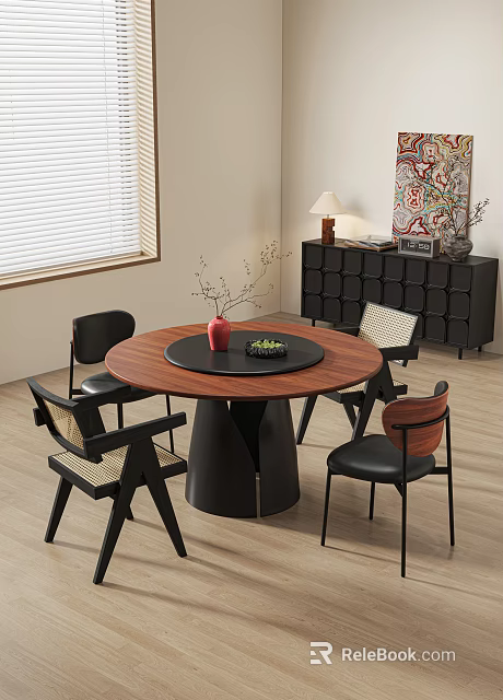 Modern Round Dining Table Set With Black Base Wooden Top Four Chairs And Side Cabinet 3d model 