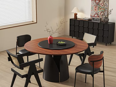 Modern Round Dining Table Set With Black Base Wooden Top Four Chairs And Side Cabinet 3d model