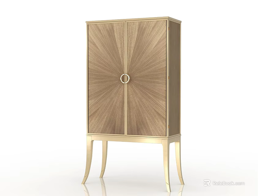 Elegant Modern Wine Cabinet With Wooden Panel Design Gold Metal Legs And Circular Handle 3d model 