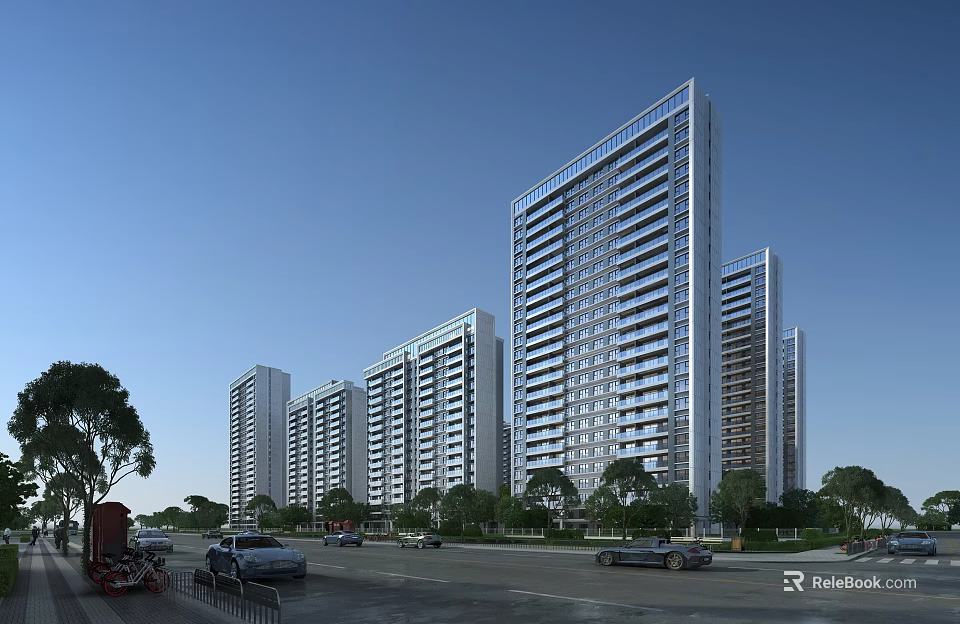 Modern High Rise Residential Complex With Glass Curtain Walls Street Trees And Cars 3d model 