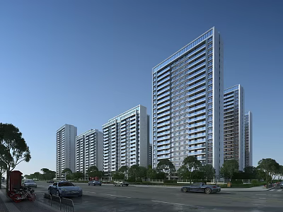 Modern High Rise Residential Complex With Glass Curtain Walls Street Trees And Cars 3d model