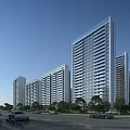 Modern High Rise Residential Complex With Glass Curtain Walls Street Trees And Cars