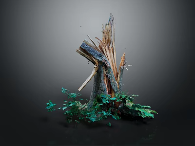 Weathered Wood And Stone Tree Stump Decor With Broken Texture And Green Moss 3d model