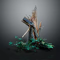 Weathered Wood And Stone Tree Stump Decor With Broken Texture And Green Moss
