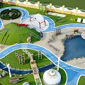Aerial View Of Recreational Park With Maze Water Pool Curved Track And Playground Areas