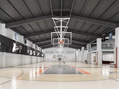 Indoor Basketball Gymnasium Featuring Professional Court Hoops Truss Ceiling and Wooden Floor Lines 3d model