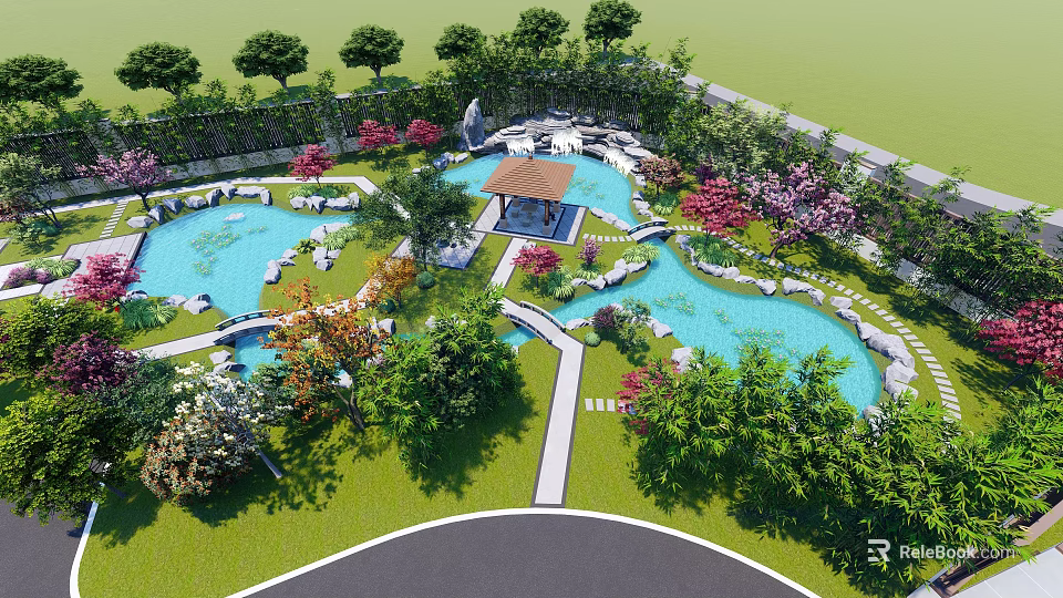 Beautiful Garden Landscape With Ponds Pavilion Green Plants Colorful Flowers And Pathways 3d model 