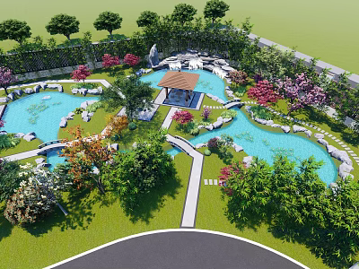 Beautiful Garden Landscape With Ponds Pavilion Green Plants Colorful Flowers And Pathways 3d model