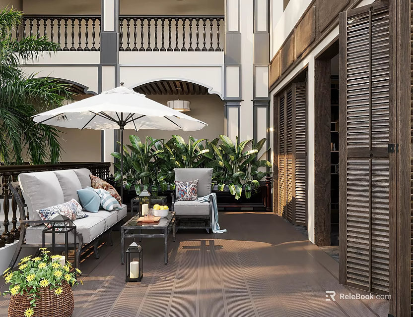 Courtyard Garden Landscape With White Umbrella Sofa Chairs Green Plants Wooden Flooring And Shutter Doors 3d model 