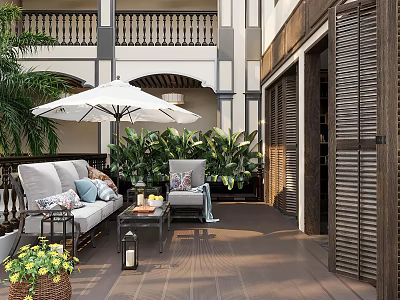 Courtyard Garden Landscape With White Umbrella Sofa Chairs Green Plants Wooden Flooring And Shutter Doors 3d model