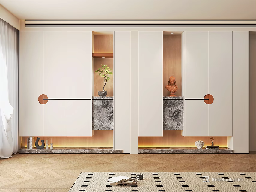 Modern Hallway Cabinet And Side Cabinet With White Finish Open Shelves And LED Lighting 3d model 