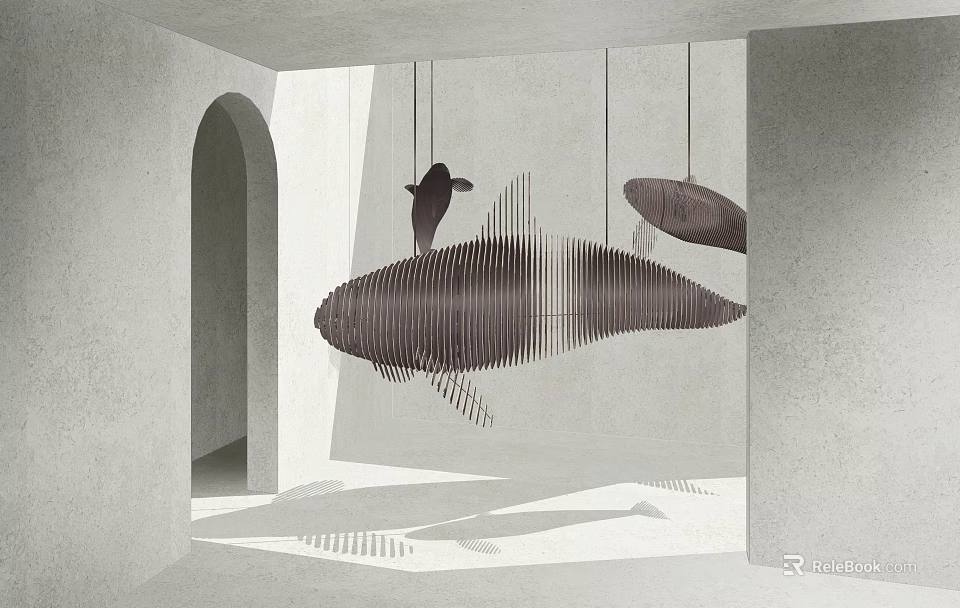 Hanging Fish Shaped Art Installation With Striped Structure And Shadows In Minimalist Gray Space 3d model 