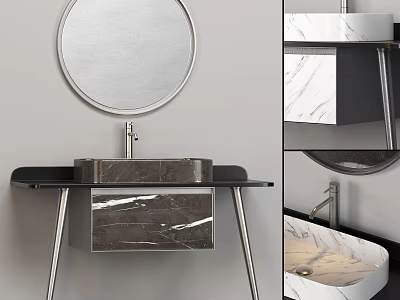 Modern Bathroom Vanity With Marble Countertop Round Mirror And Metal Legs 3d model