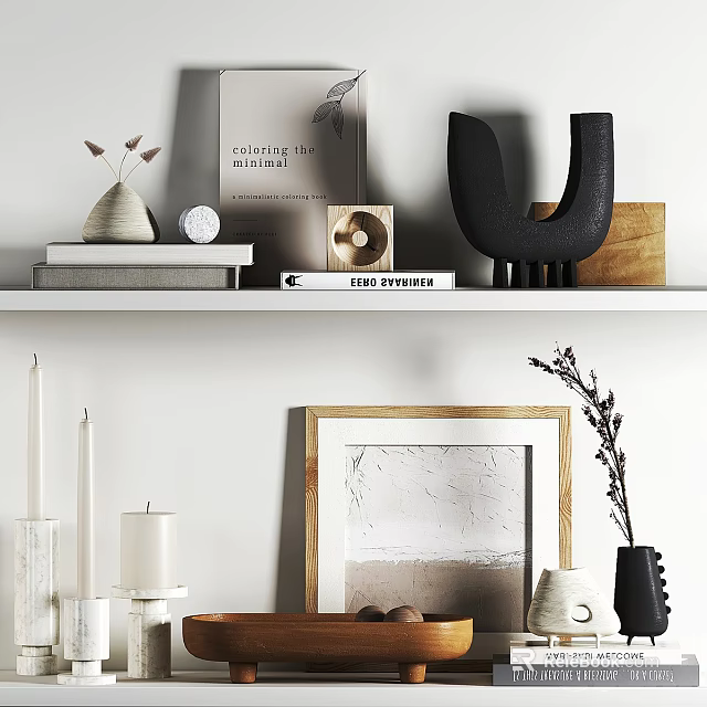Modern Decorative Ornament Combination With Vase Books Sculpture Frame And Candle On Shelf 3d model 