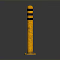Yellow Safety Bollard With Black Stripes And Weathered Surface On Gray Background