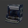 Blue Mechanical Industrial Equipment With Roller System And Yellow Black Warning Stripes