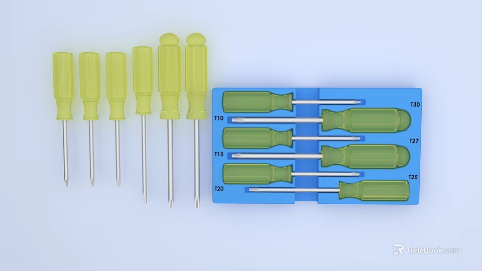 Hardware Screwdrivers Set with Yellow Green Handles Silver Shafts Various Sizes in Blue Storage Case 3d model 