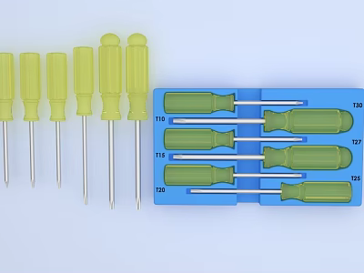 Hardware Screwdrivers Set with Yellow Green Handles Silver Shafts Various Sizes in Blue Storage Case 3d model