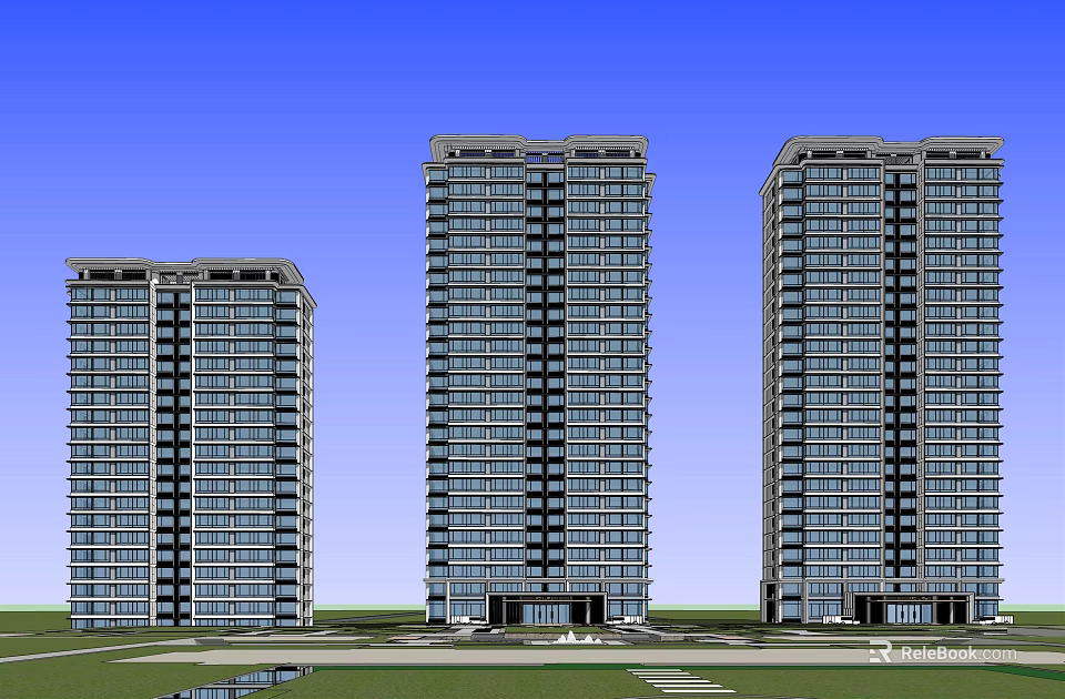 Modern High Rise Residential Buildings Exterior Design With Glass Curtain Walls Blue Sky And Grassland 3d model 
