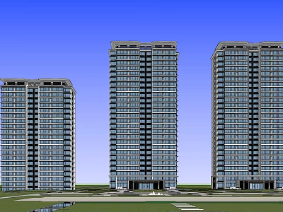 Modern High Rise Residential Buildings Exterior Design With Glass Curtain Walls Blue Sky And Grassland 3d model