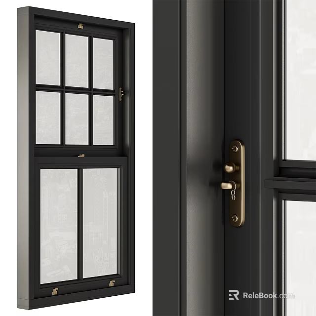 Modern Casement Window With Black Frame Clear Glass Panels And Brass Hardware Design 3d model 