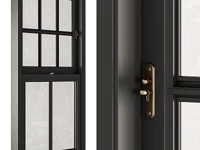 Modern Casement Window With Black Frame Clear Glass Panels And Brass Hardware Design 3d model