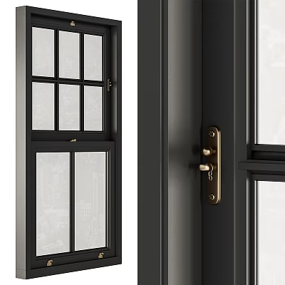 Modern Casement Window With Black Frame Clear Glass Panels And Brass Hardware Design 3d model