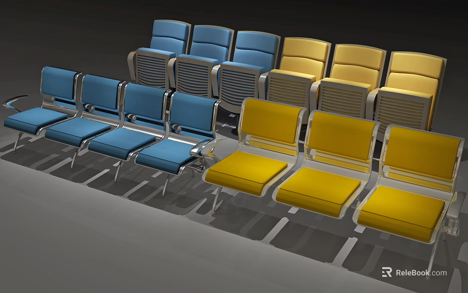 Modern Public Chairs With Blue And Yellow Seats Arranged In Rows 3d model 