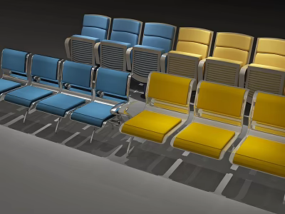 Modern Public Chairs With Blue And Yellow Seats Arranged In Rows 3d model