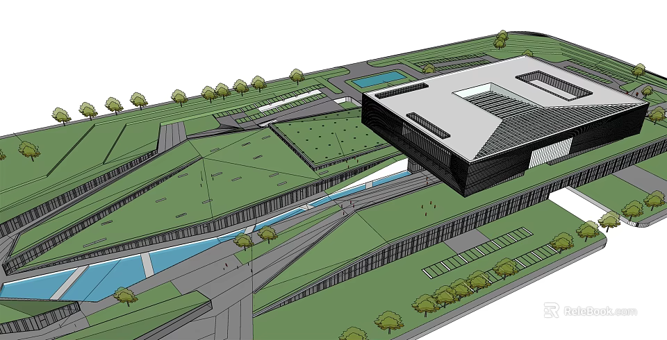 Modern Architectural Complex Aerial View With Green Spaces Water Features And Trees 3d model