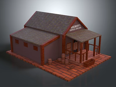 Sheriff's Office Building Featuring Gray Shingle Roof Brown Walls Red Brick Porch And Wooden Barrels 3d model
