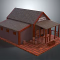 Sheriff's Office Building Featuring Gray Shingle Roof Brown Walls Red Brick Porch And Wooden Barrels
