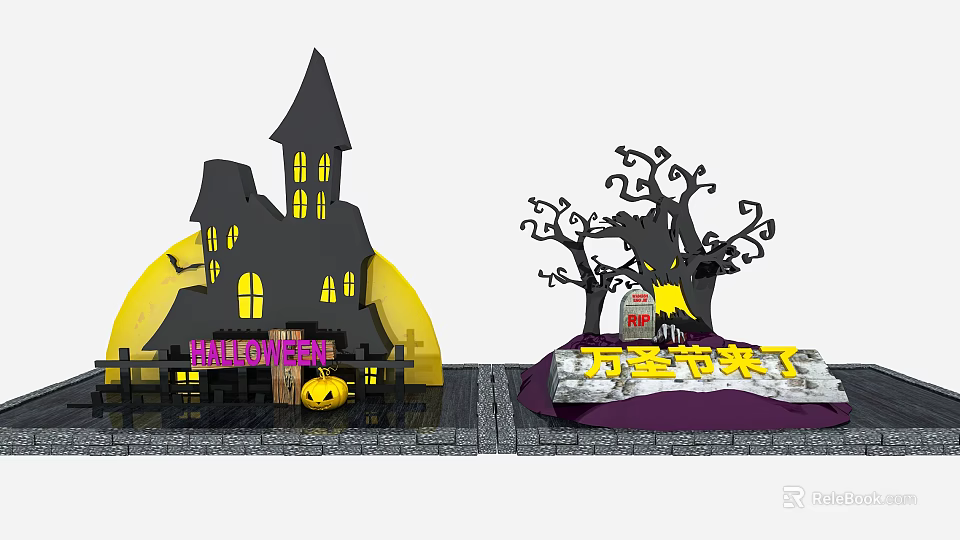 Halloween Decoration Scene With Spooky Castle Pumpkin Lantern And Haunted Tree 3d model 