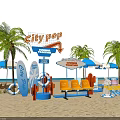 City Pop Themed Beach Setup With Palm Trees Surfboards And Sun Umbrellas