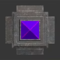 Glowing Purple Geometric Crystal Perched On Weathered Stone Pedestal