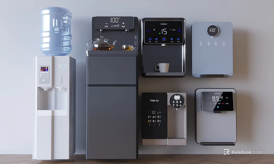Modern Household Appliances Collection Including Water Dispenser Refrigerator Coffee Maker And Electric Kettle 3d model 