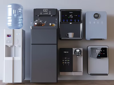 Modern Household Appliances Collection Including Water Dispenser Refrigerator Coffee Maker And Electric Kettle 3d model