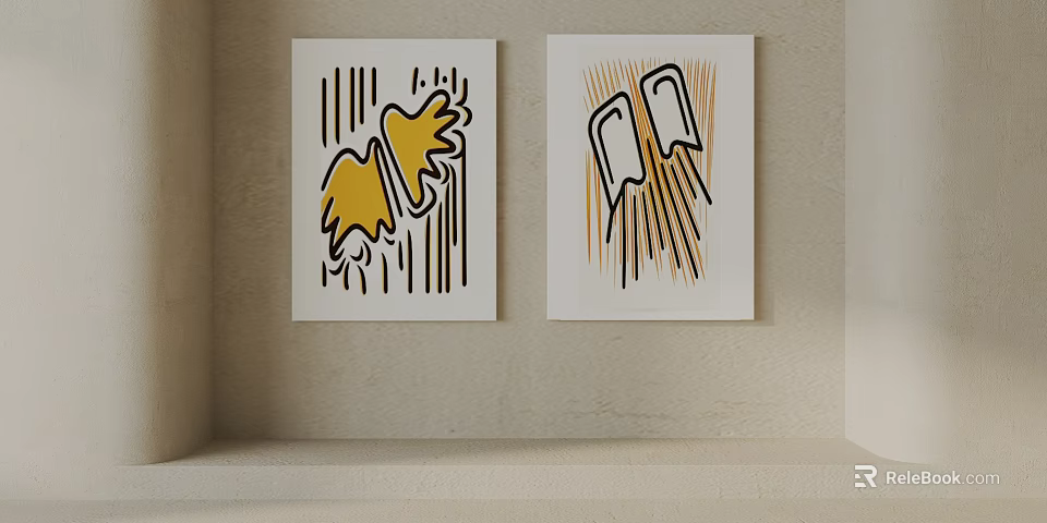 Abstract Decorative Wall Art With Yellow Black And White Patterns On Light Wall 3d model