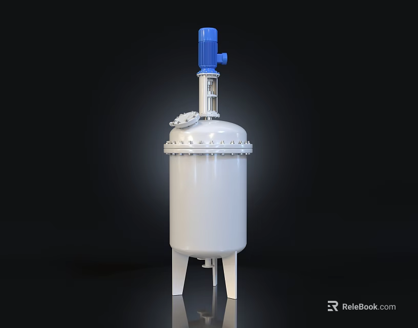 Industrial Stirring Reactor With White Body Blue Motor And Support Legs 3d model 