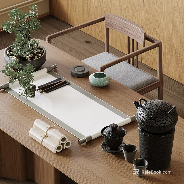 Traditional Zen Tea Set on Wooden Table with Potted Plant Scrolls and Teacups 3d model 