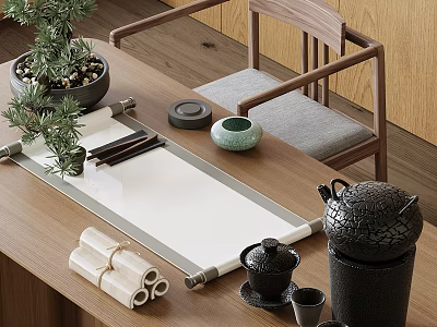 Traditional Zen Tea Set on Wooden Table with Potted Plant Scrolls and Teacups 3d model