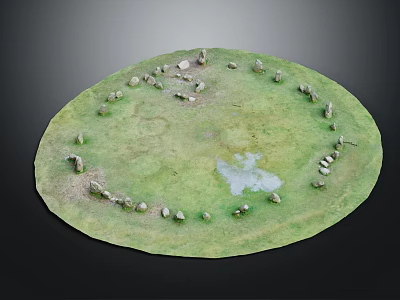 Cartoon Scene of Circular Green Area with Small Puddle and Scattered Stones Around 3d model