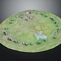 Cartoon Scene of Circular Green Area with Small Puddle and Scattered Stones Around