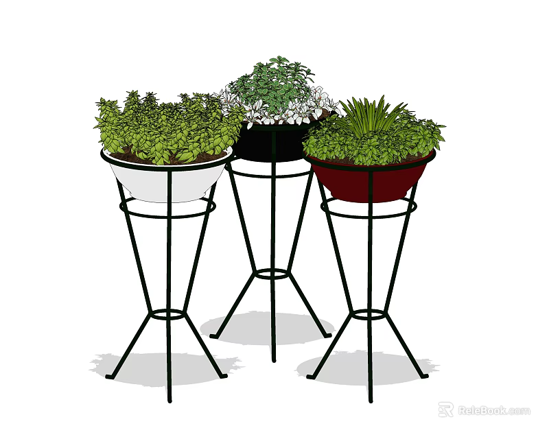 Bonsai Potted Plants with White Black Red Pots on Metal Stands and Lush Green Foliage 3d model 