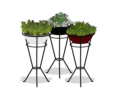 Bonsai Potted Plants with White Black Red Pots on Metal Stands and Lush Green Foliage 3d model