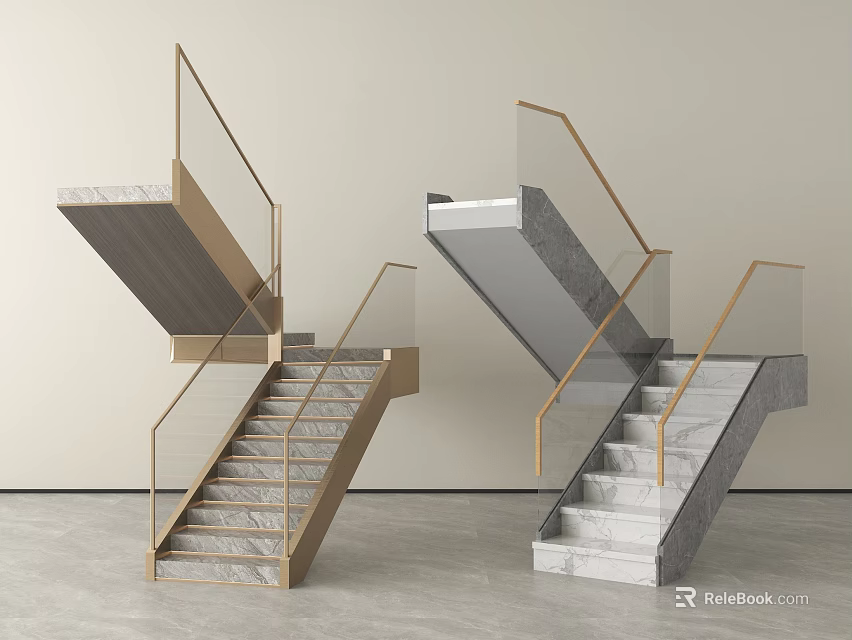Modern Staircase Design With Glass Railings Metal Handrails And Marble Steps 3d model 